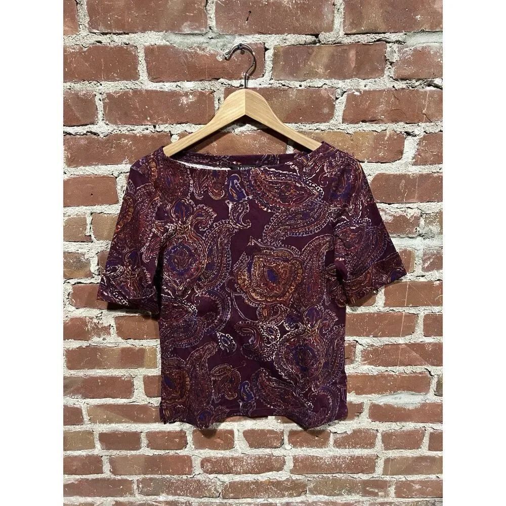 Lauren Ralph Lauren Womens Red Paisley Short Sleeve T-shirt Size Large Petite